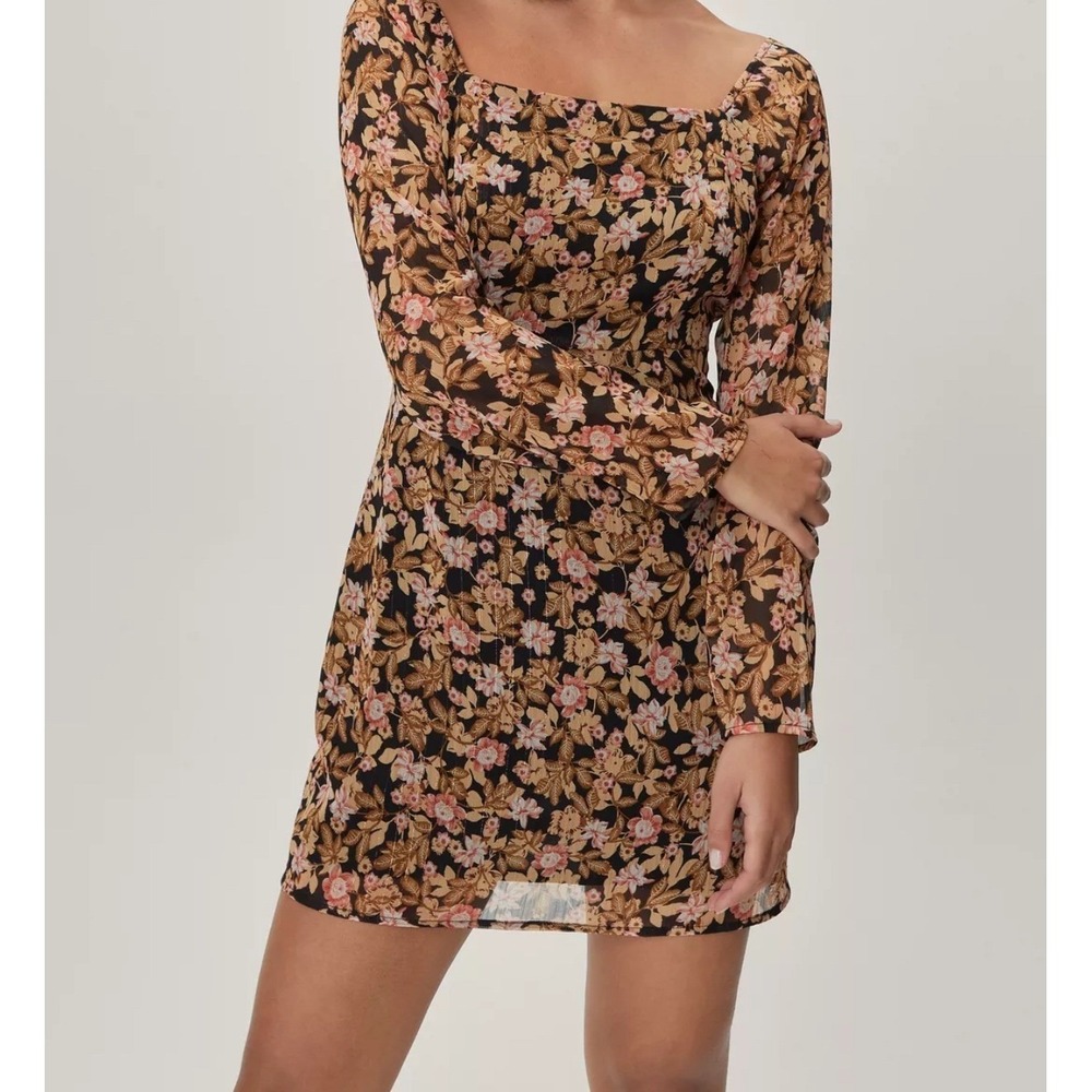 Nasty Gal Floral Long Sleeve Mini Dress Black US 6 NWT Vintage Inspired Y2K